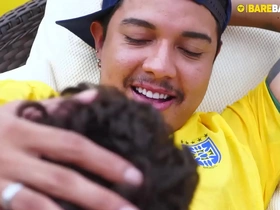 A husky man consumes a woman's anus