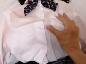 A young man enjoys erotic foreplay and missionary position with his busty and adorable cosplay girlfriend in their bedroom