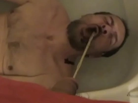 Chocolate sqeeze in homo mouth